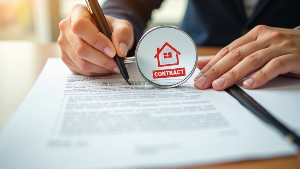 Real estate contract with fraud warning stamp and magnifying glass