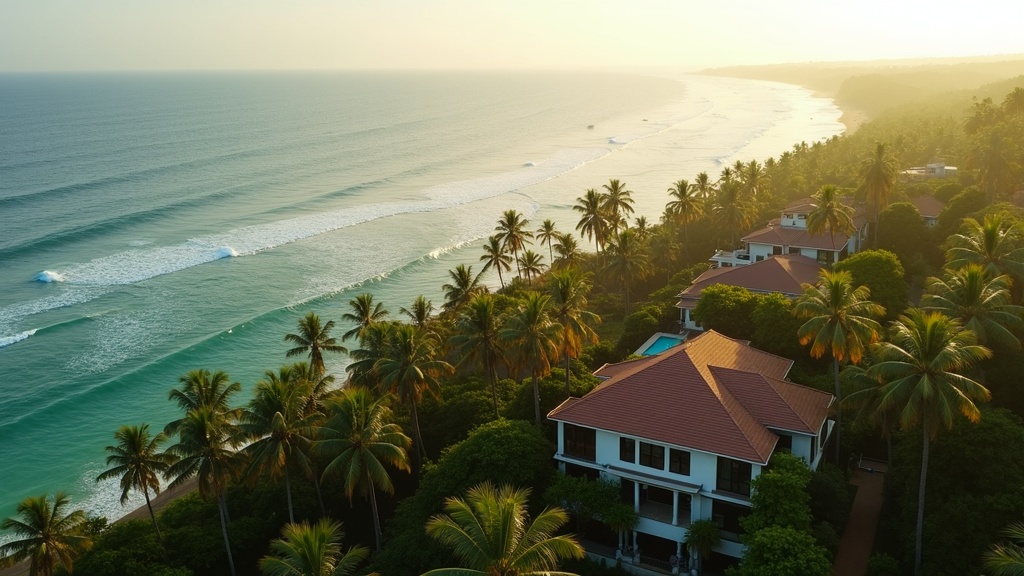 Aerial drone view of North Goa luxury villas among palm groves with Arabian Sea in background