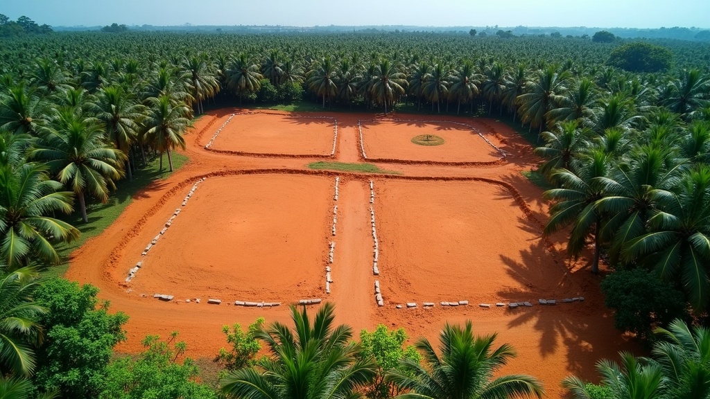 Aerial view of vacant plots for sale in North Goa with laterite soil and lush green surroundings