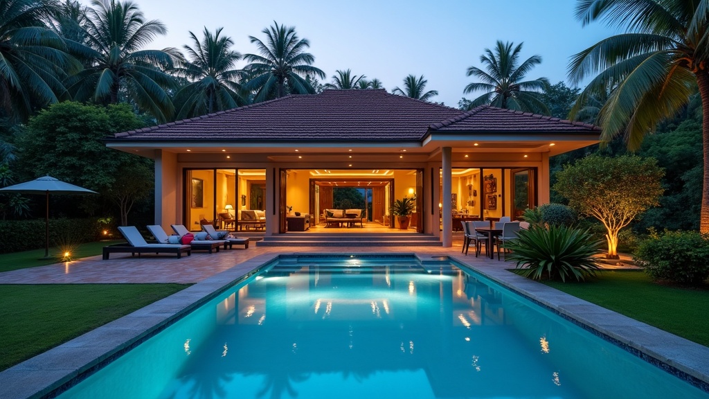 Luxury villa for sale in Goa with private swimming pool and tropical garden at sunset