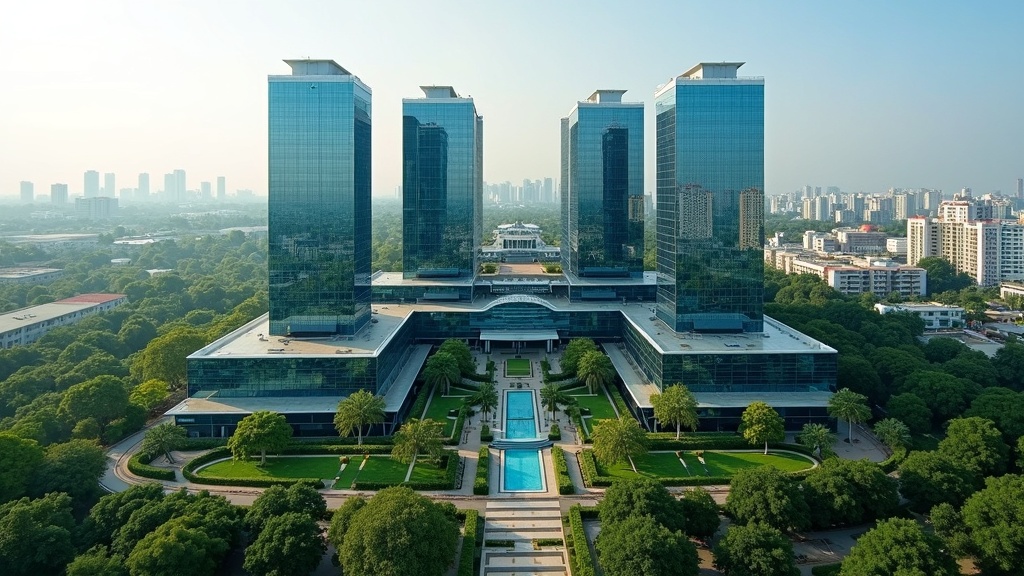 Aerial view of premium Grade-A office park in India representing REIT commercial real estate portfolio