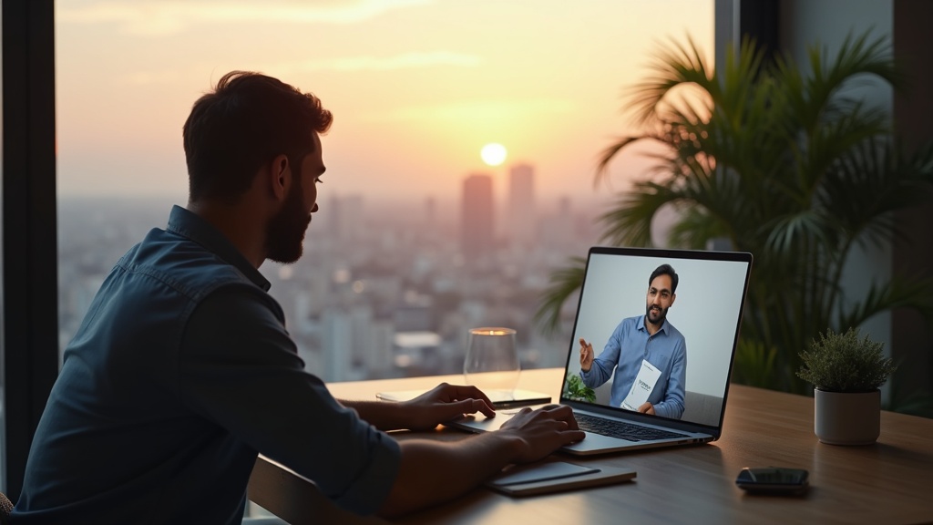NRI on laptop video call with Indian home loan banker